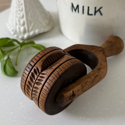 Antique Treen Butter Roller Deep Carved Leaf Print