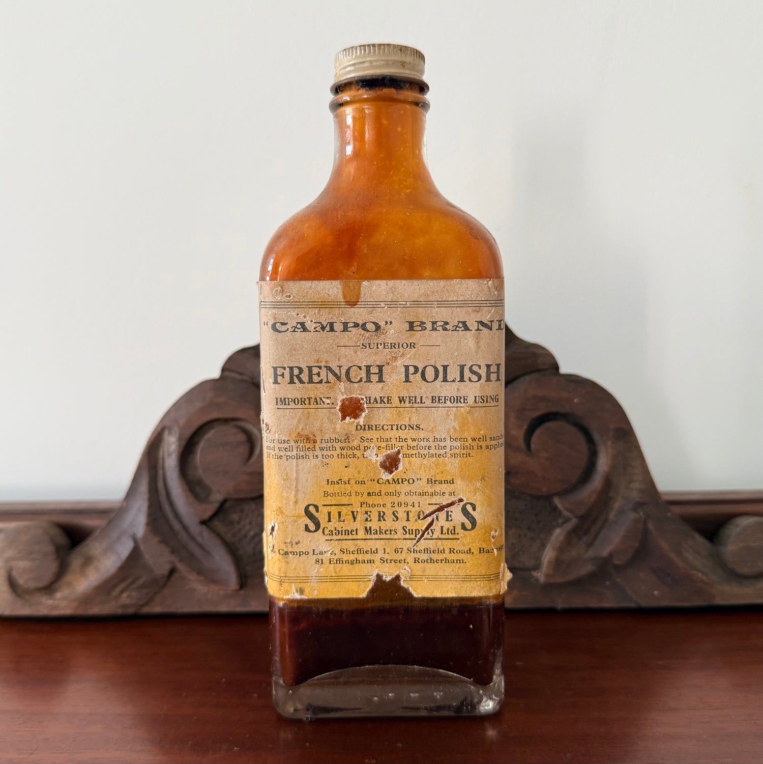 Vintage Campo French Polish Bottle Silverstones Cabinet Makers Sheffield