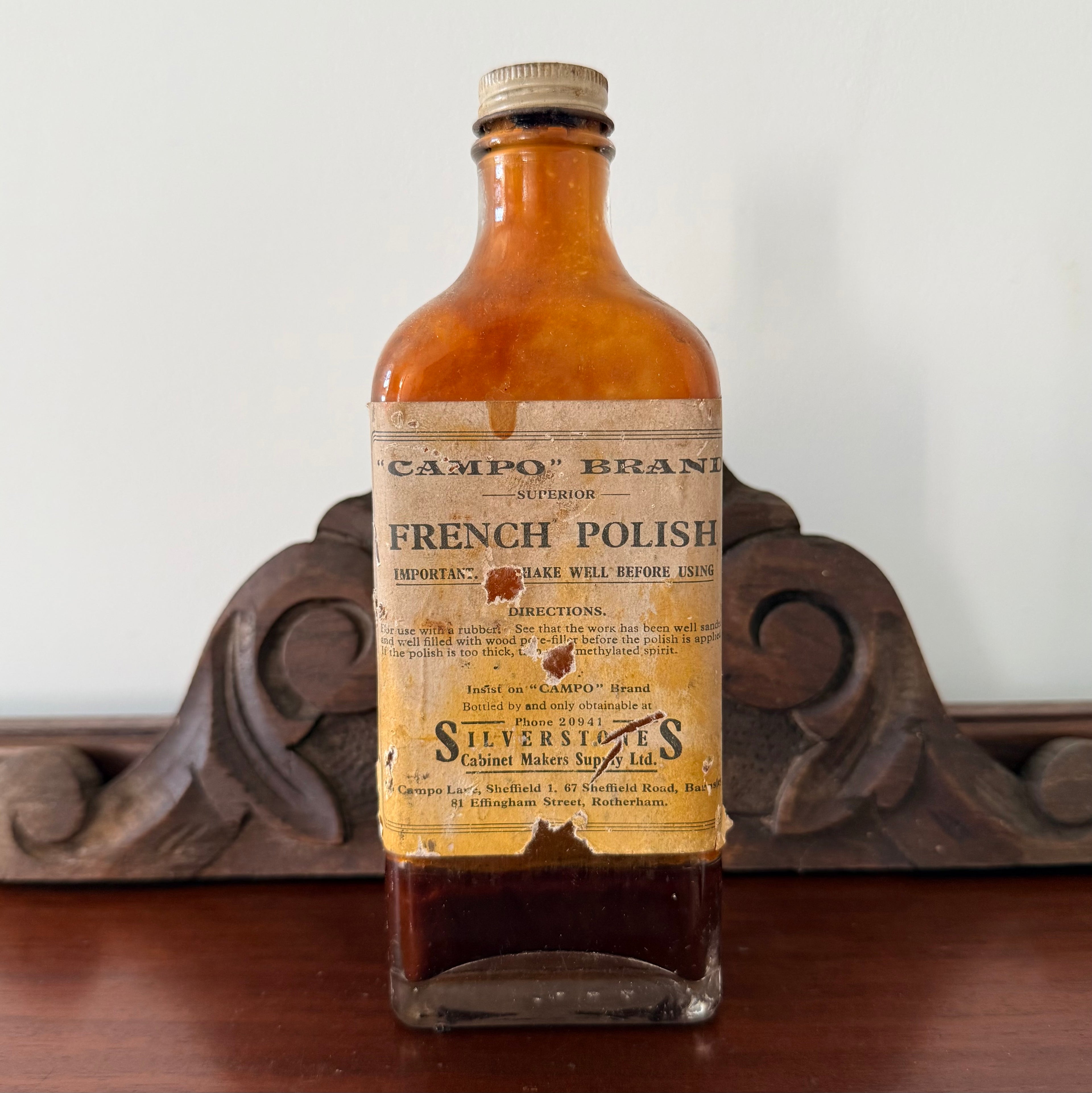 Vintage Campo French Polish Bottle Silverstones Cabinet Makers Sheffield