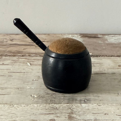 Antique Victorian Treen Saucepan Pin Cushion – Ebonised Wood c.1880