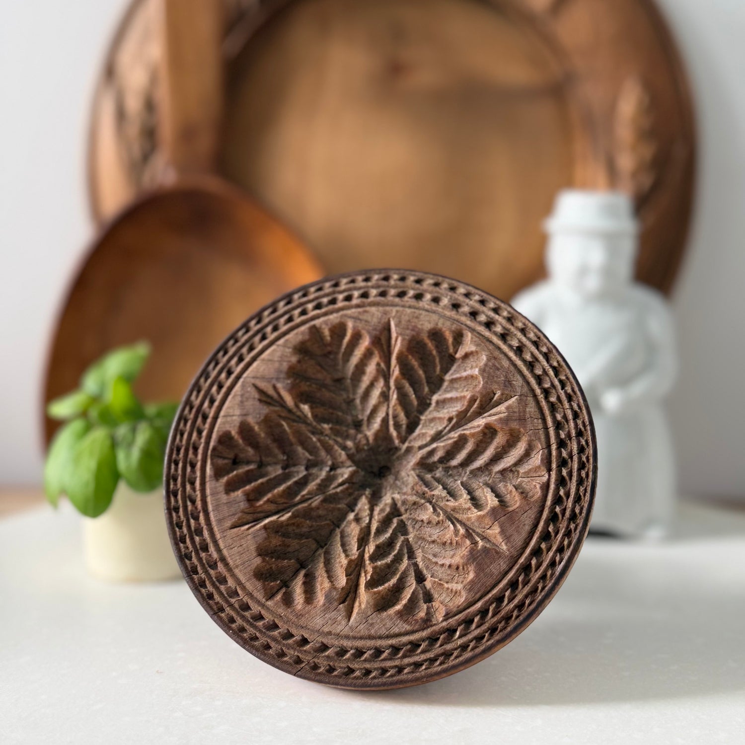 Antique Treen Butter Stamp Leaf Rosette