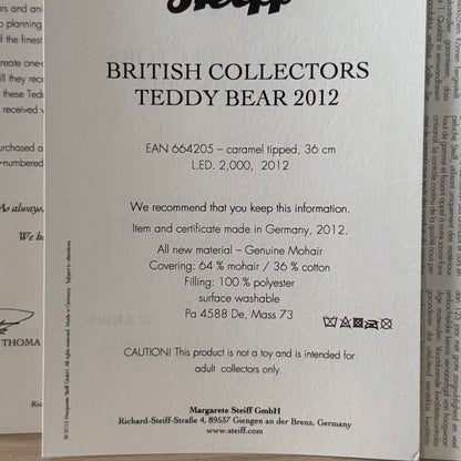 Steiff British Collectors Teddy 2012 Limited Edition Boxed With Certificate