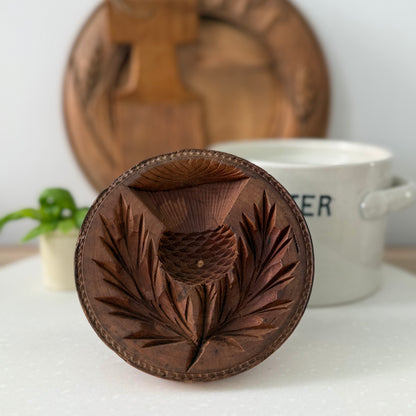 Antique Treen Butter Stamp Thistle Carved Folk Art