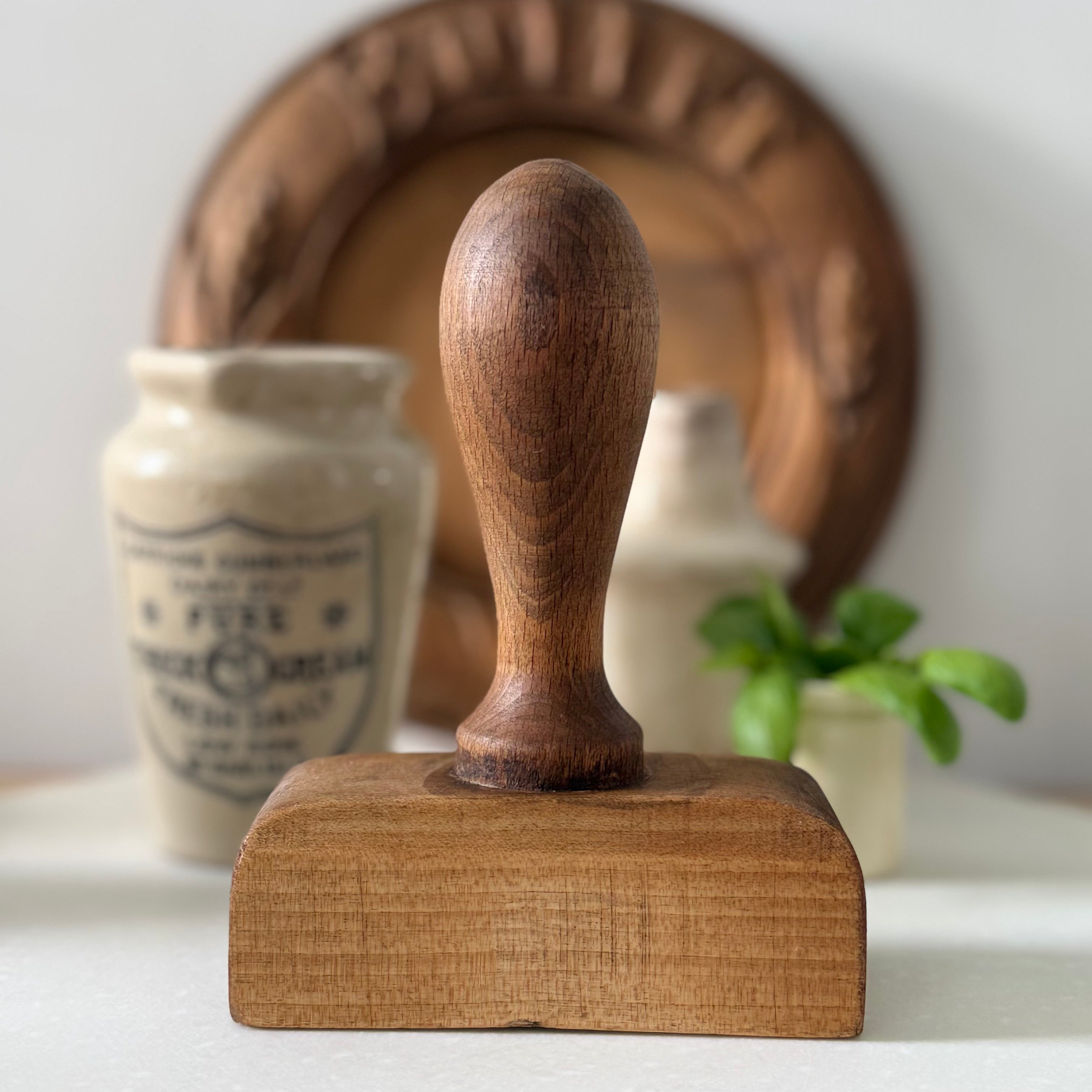 Antique Treen Rectangular Butter Stamp Floral