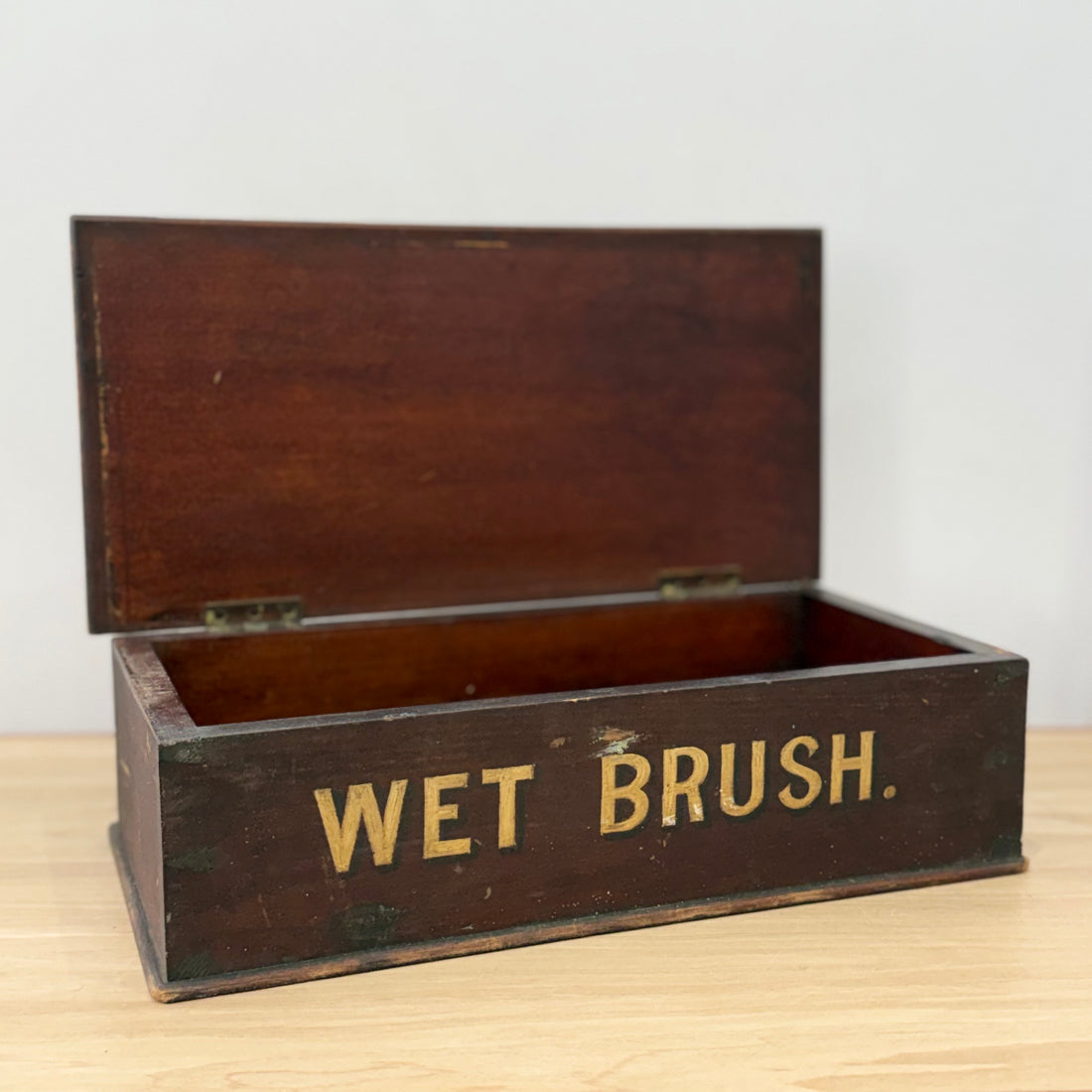 Antique Wet Brush Box Wooden Trade Display Barber Shoe Shine
