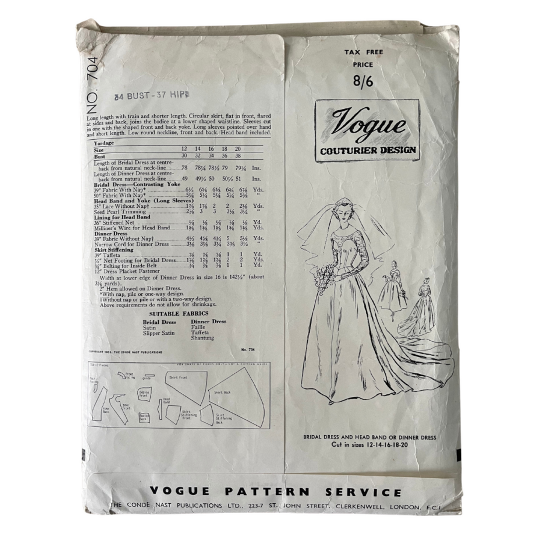 Vogue Couturier 704 Womens Size 10 Wedding Dress Headband