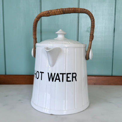 Antique Edwardian White Ironstone HOT WATER Jug Wicker Handle &amp; Lid