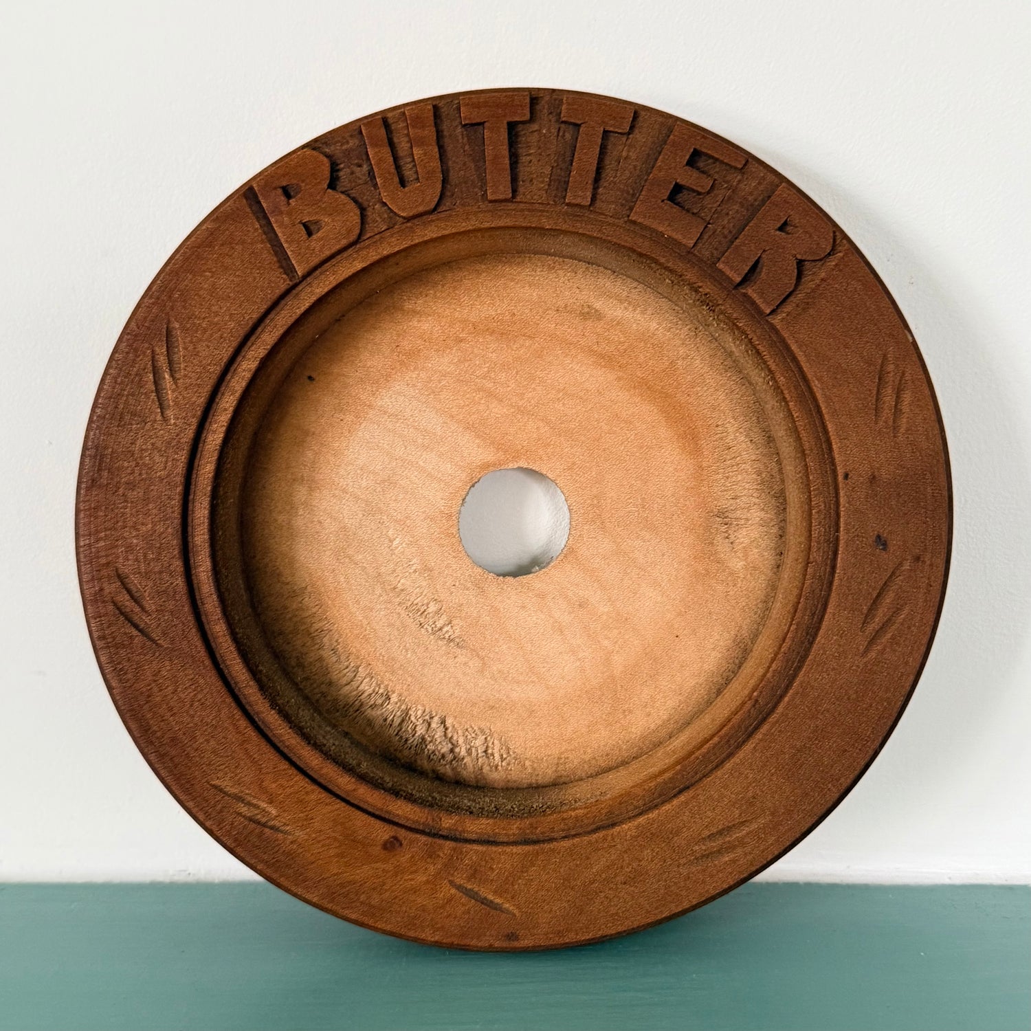 Antique Treen Butter Dish Wooden Surround with Blue Willow Insert