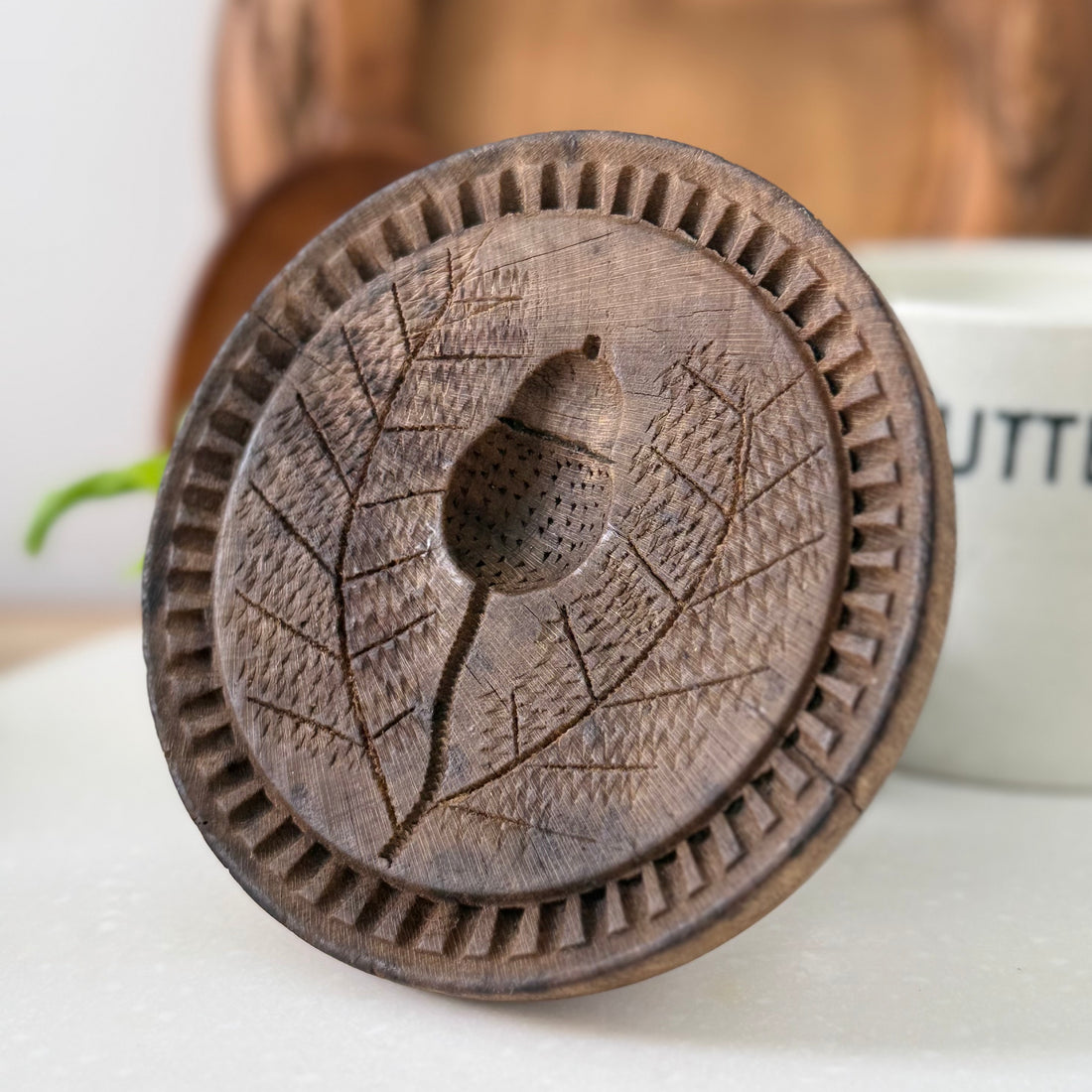 Antique Treen Butter Stamp Acorn Carved Wooden Print