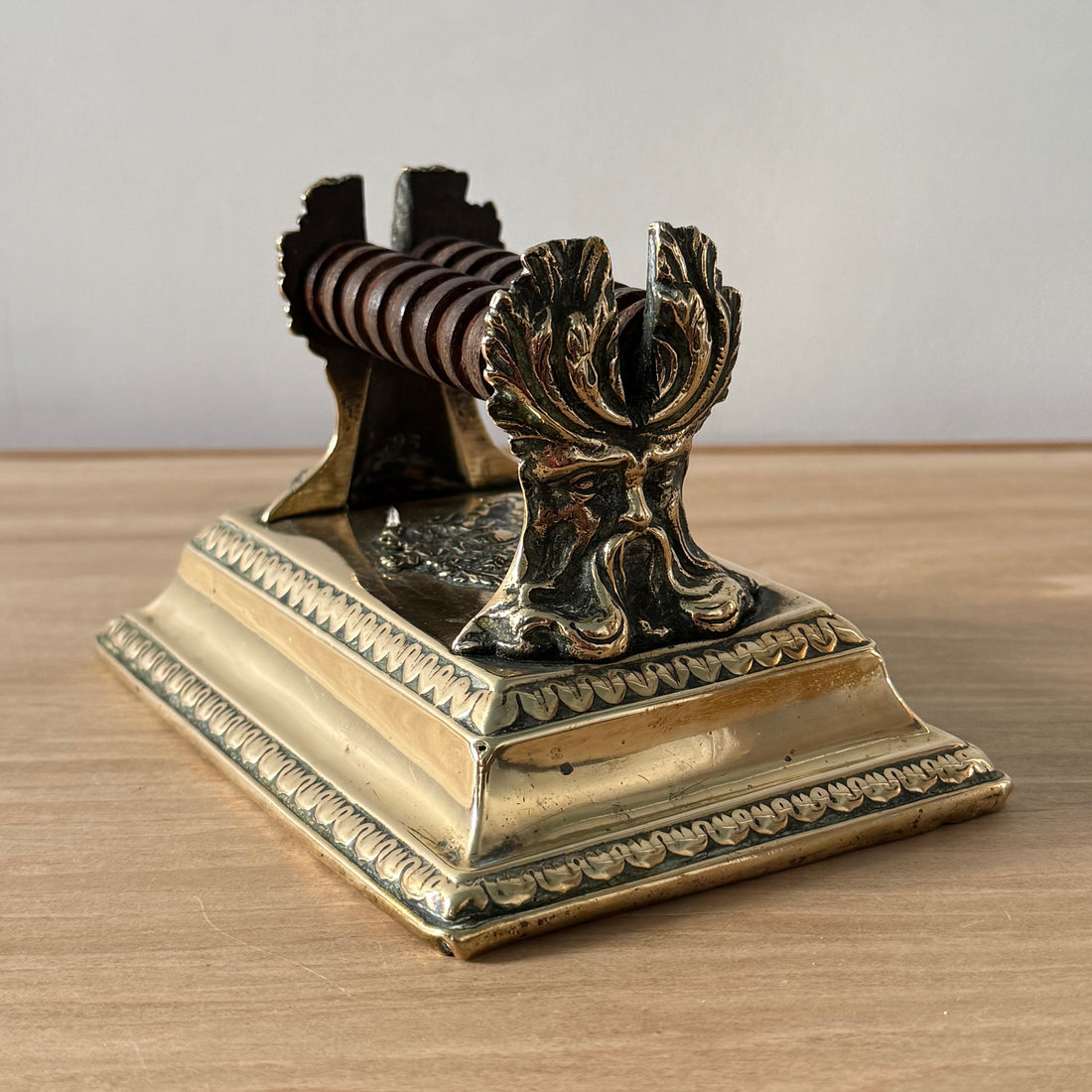 Victorian Brass Knife Sharpener with Twin Oak Rollers and Heraldic Crest