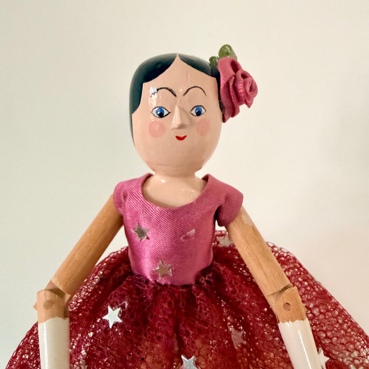 Vintage Eric Horne Wooden Doll in Burgundy Star Dress - 15.5cm