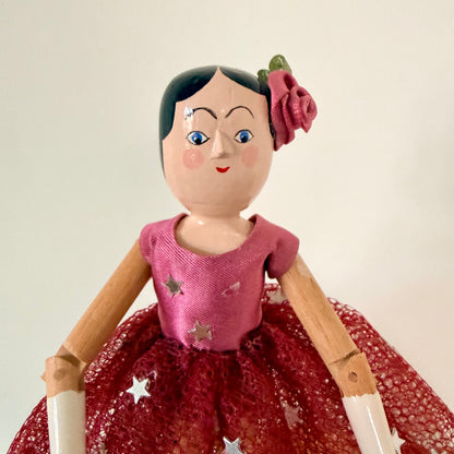 Vintage Eric Horne Wooden Doll in Burgundy Star Dress - 15.5cm