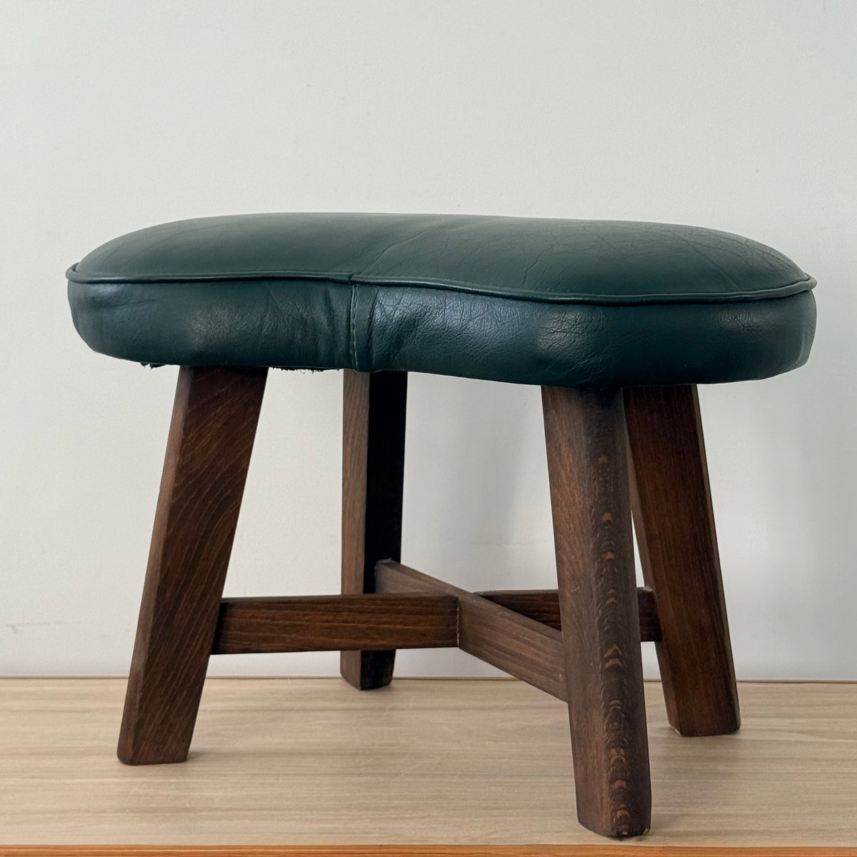 Vintage Mid-Century Kidney Shaped Green Upholstered Footstool