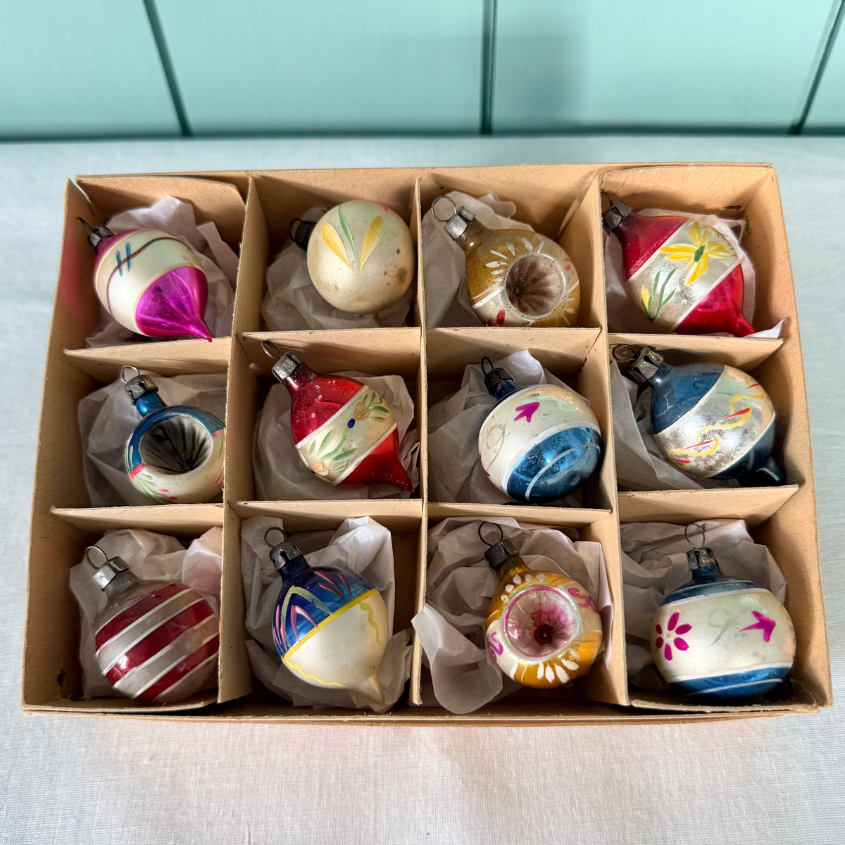 Boxed Set of 12 Miniature Vintage Glass Christmas Baubles
