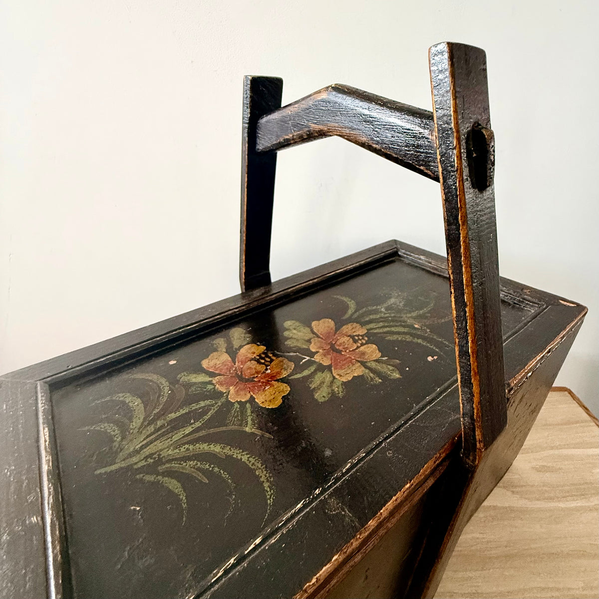 Antique Norwegian Folk Art Painted Wooden Knitting Basket c.1900