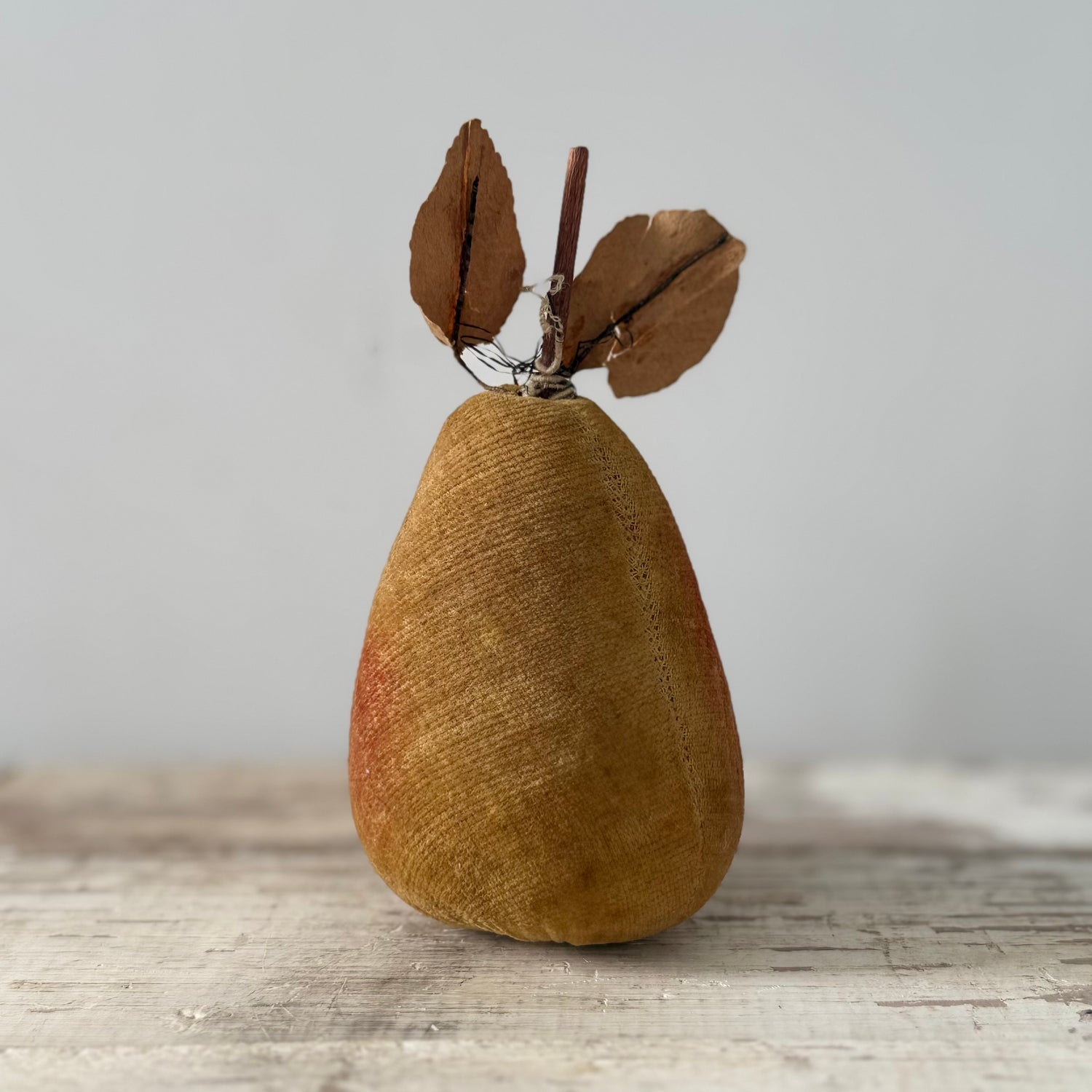 Rare 1830s Velvet Pear Pin Cushion with Paper Leaves