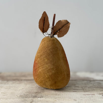 Rare 1830s Velvet Pear Pin Cushion with Paper Leaves