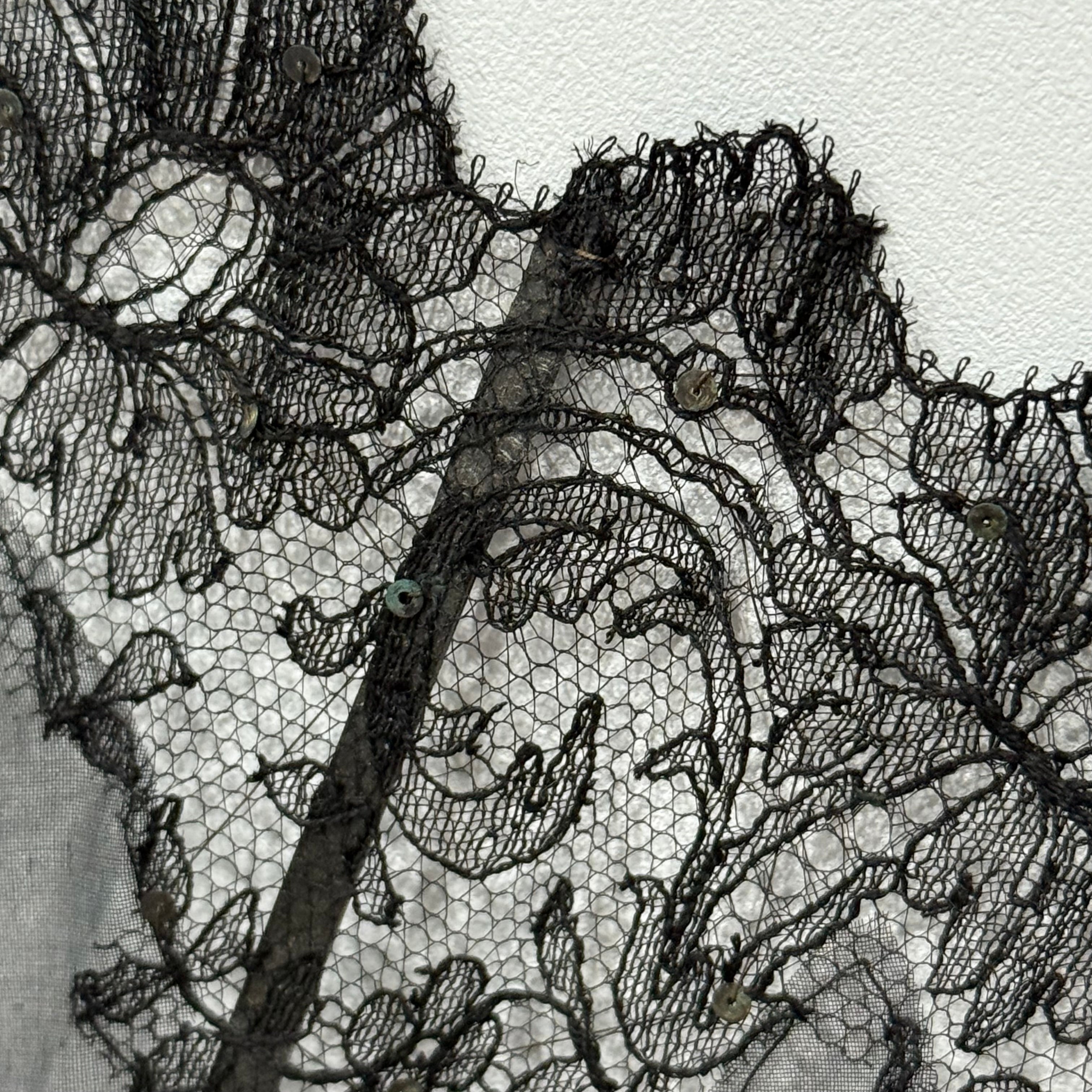 Antique Hand Painted Lace Fan with Butterflies Edwardian Black Mourning Style