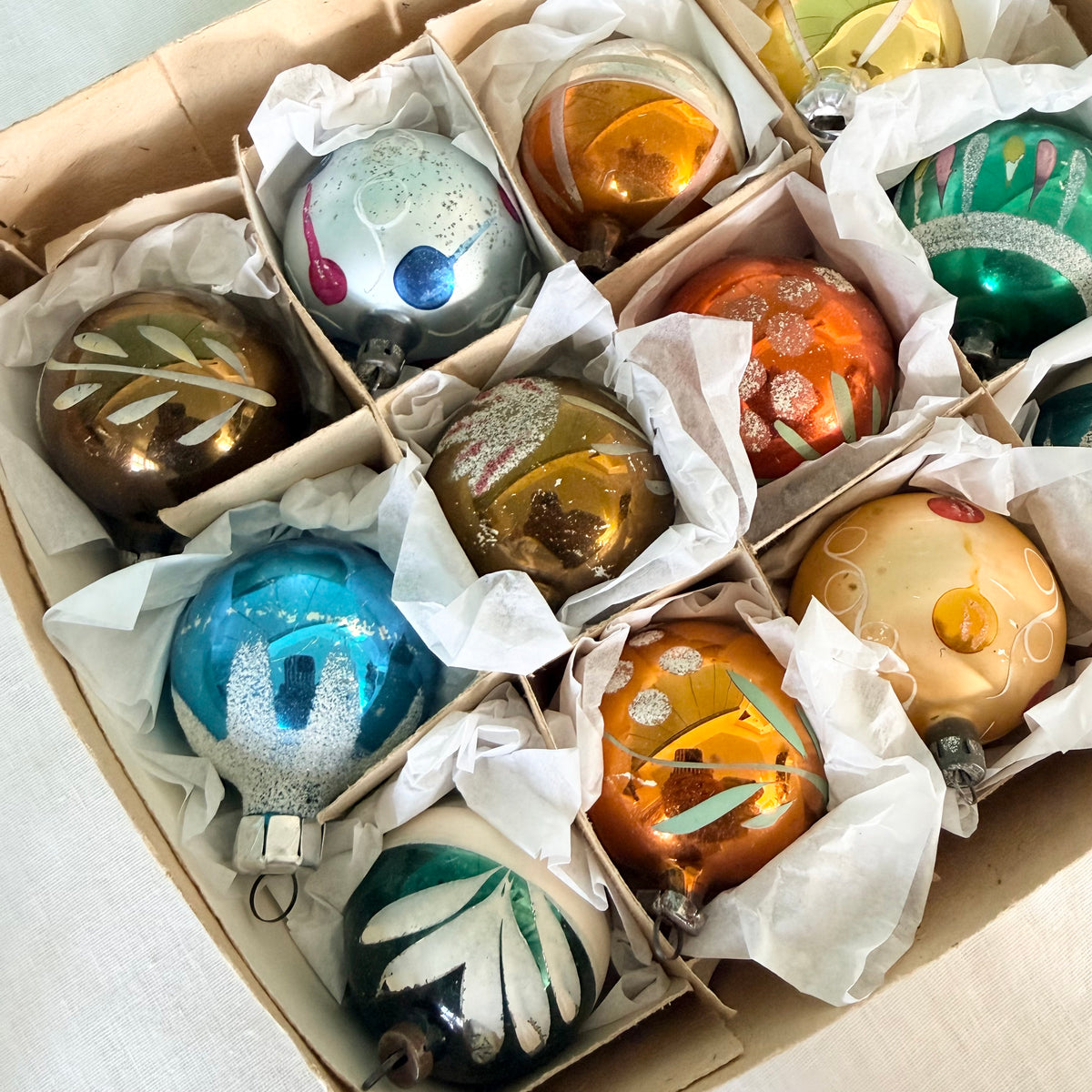 Boxed Set of 12 Vintage Glass Christmas Baubles