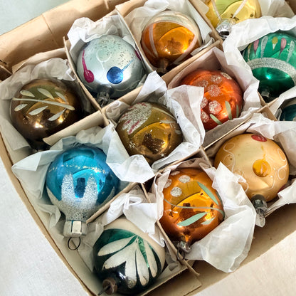 Boxed Set of 12 Vintage Glass Christmas Baubles