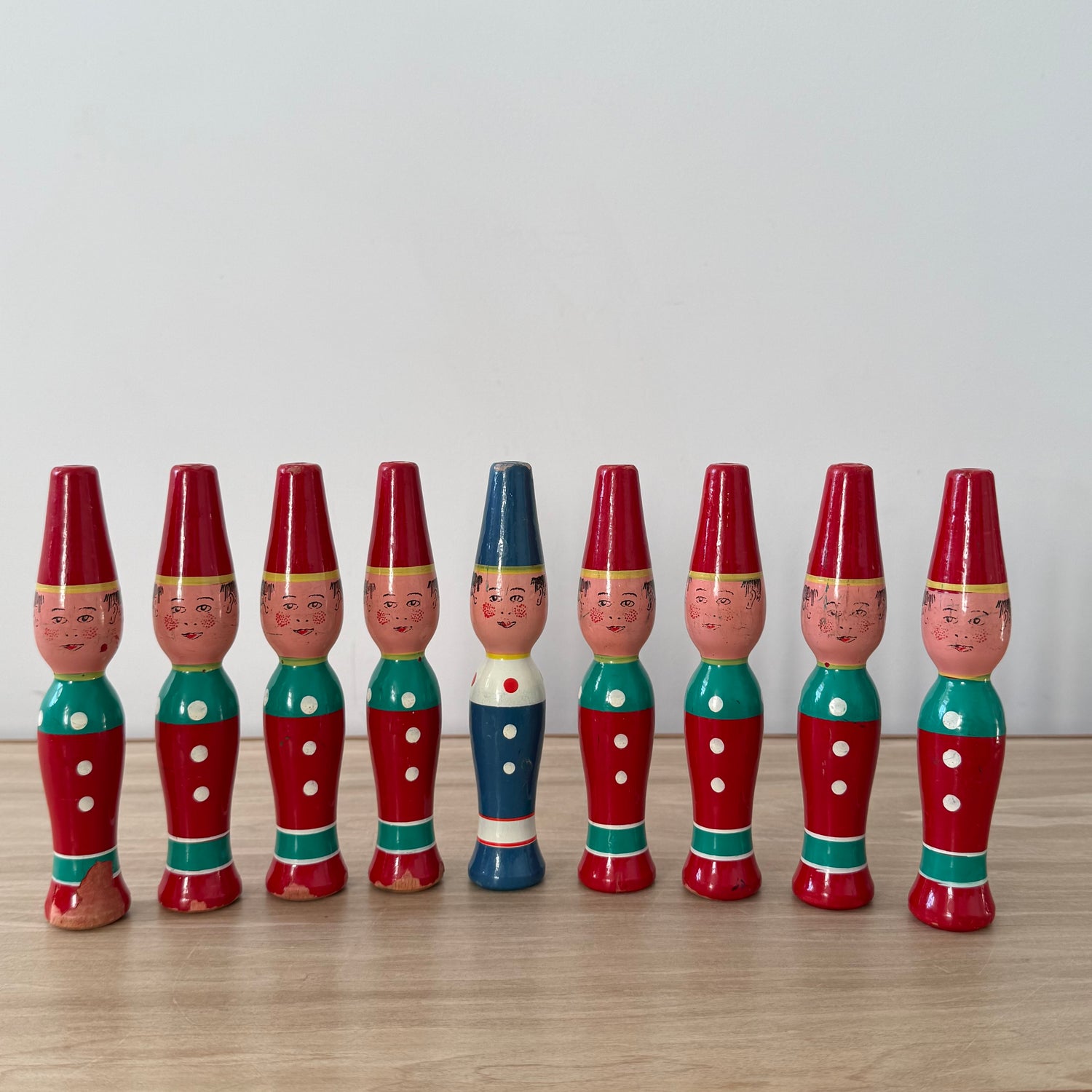 Vintage Wooden Skittles Set 9 Pins Hand Painted Folk Figures Fez Hats