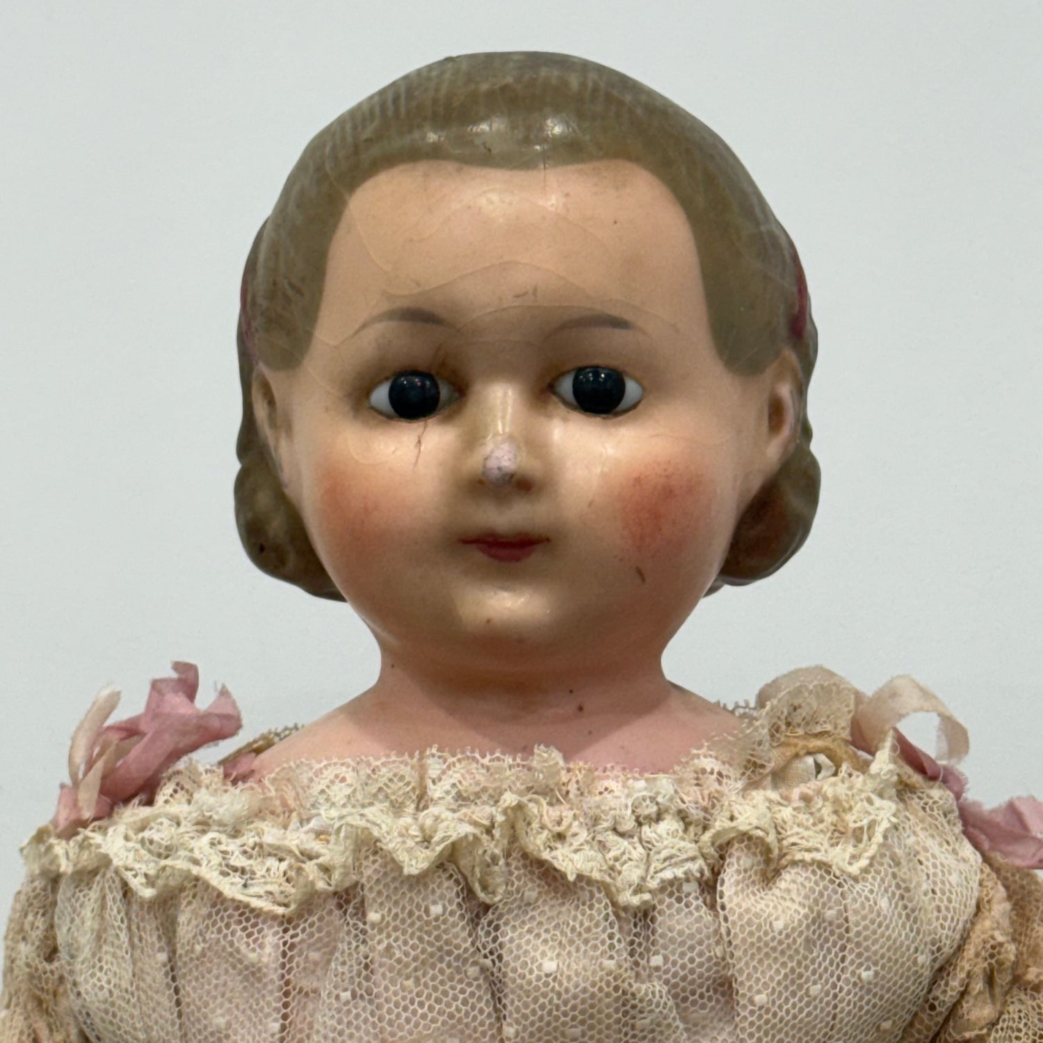 Antique Wax Head “Pumpkin Head” Doll with Original Dress c.1870