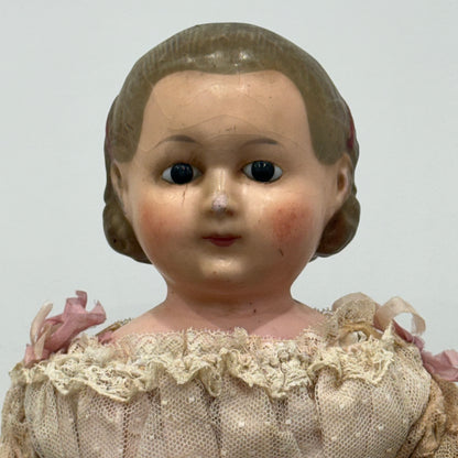 Antique Wax Head “Pumpkin Head” Doll with Original Dress c.1870