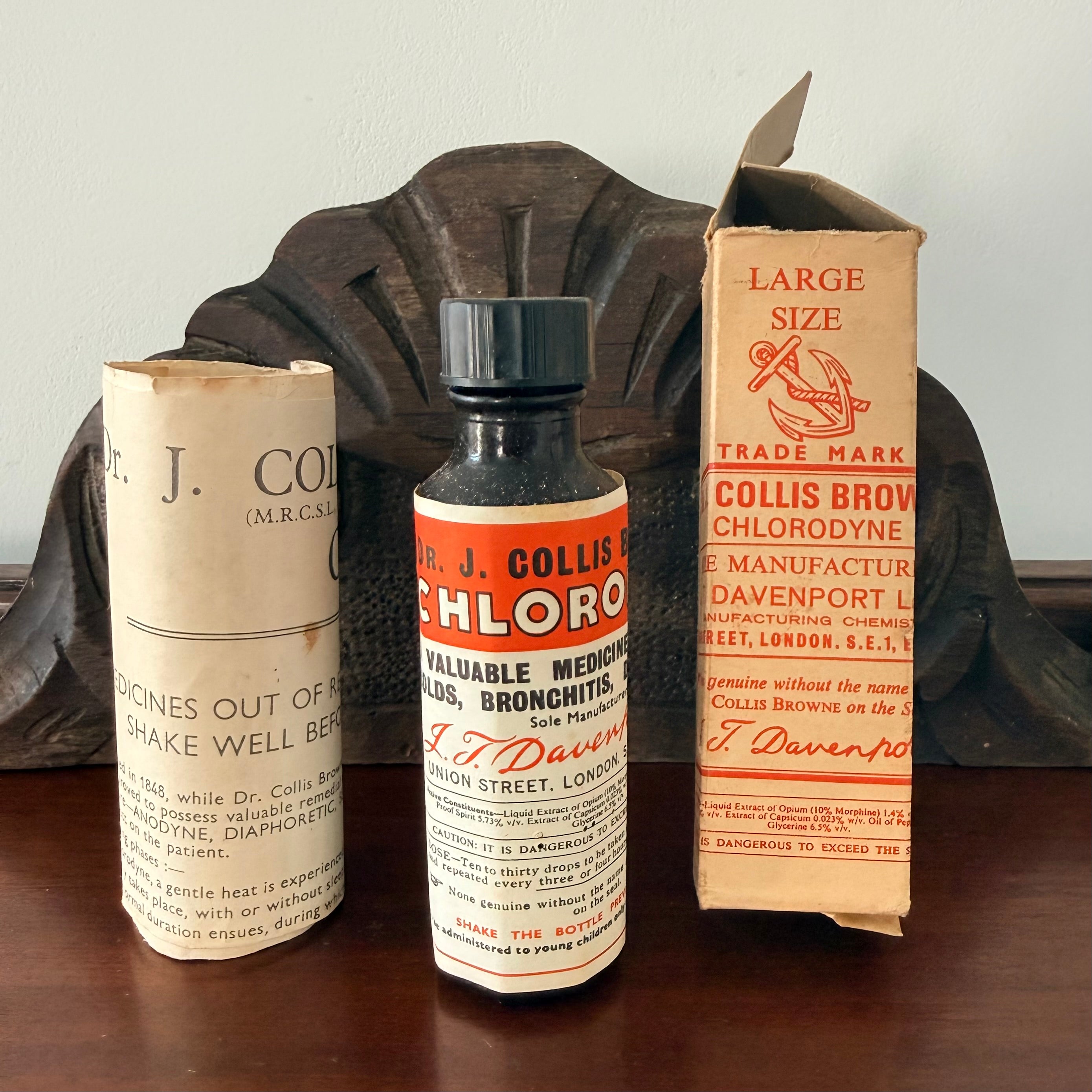Collis Browne’s Chlorodyne Bottle, Box &amp; Leaflet Vintage Chemist Apothecary Empty