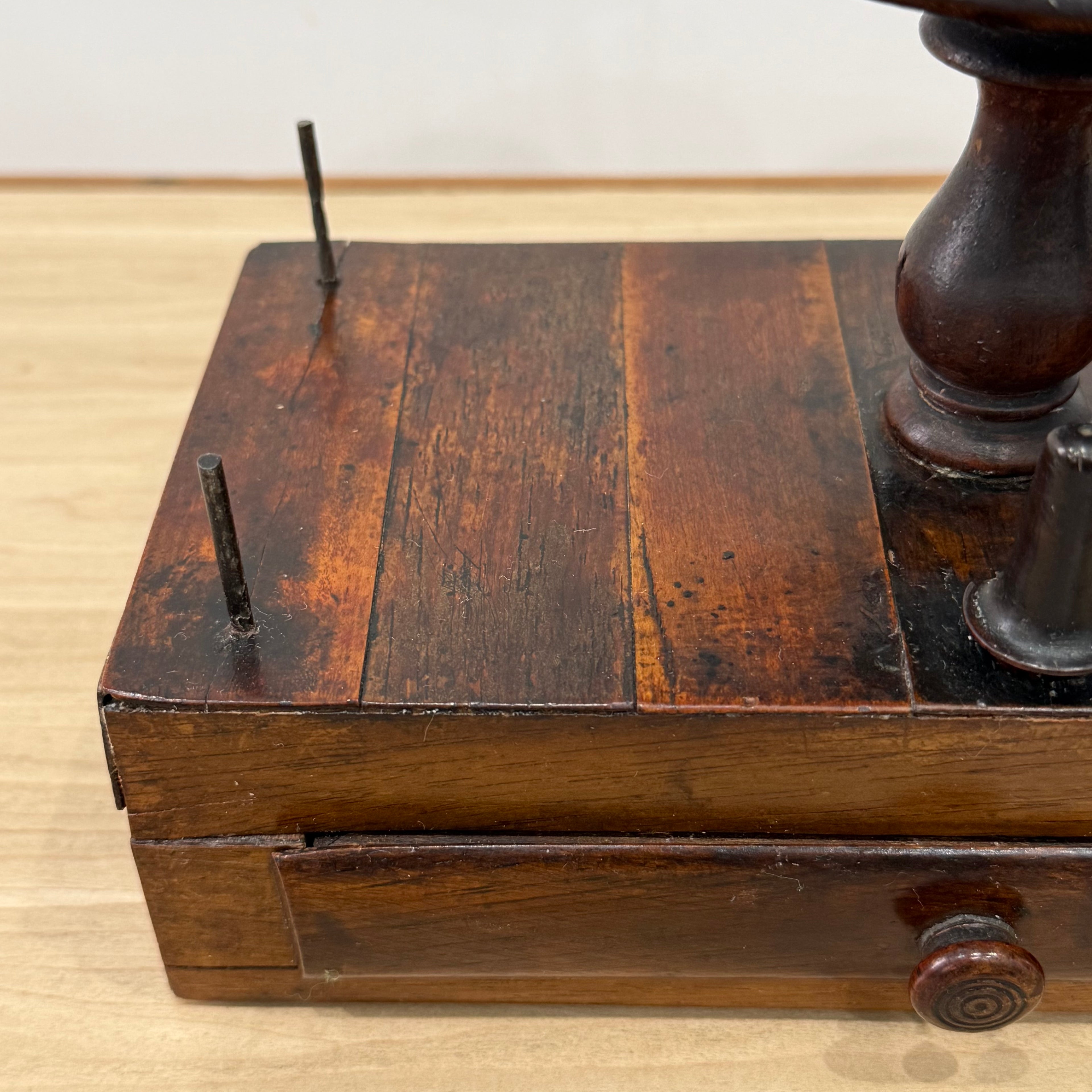 Antique Wooden Thread Spool Stand with Drawer and Silk Pin Cushion