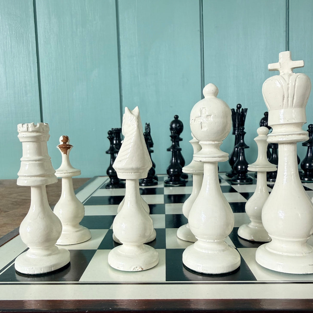 Vintage Chinese Wooden Figural International Chess Set Original Box