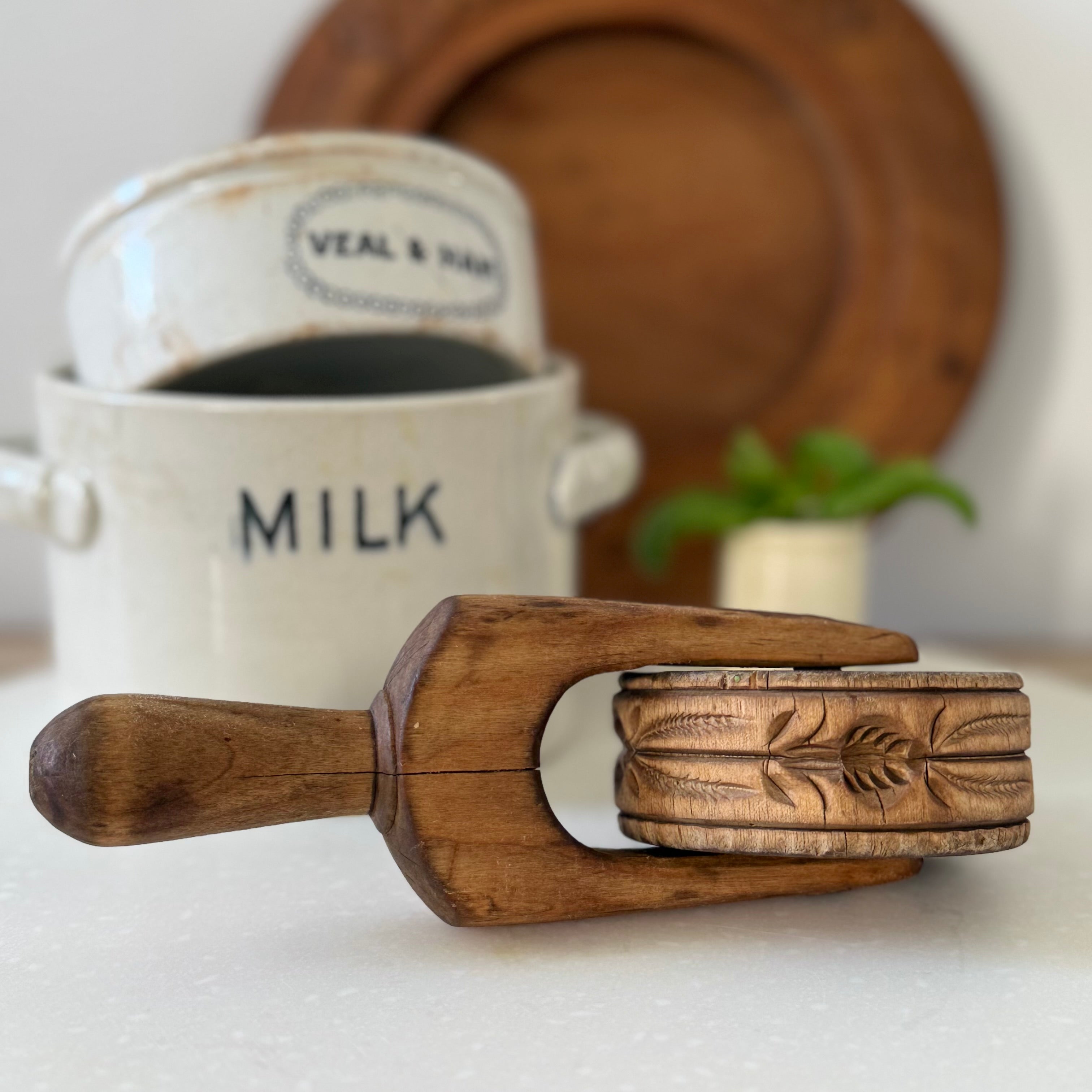Antique Treen Butter Roller Carved Floral Band
