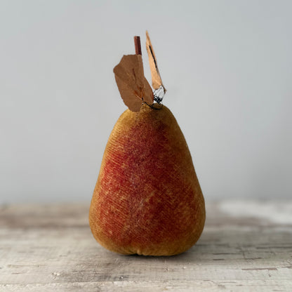 Rare 1830s Velvet Pear Pin Cushion with Paper Leaves