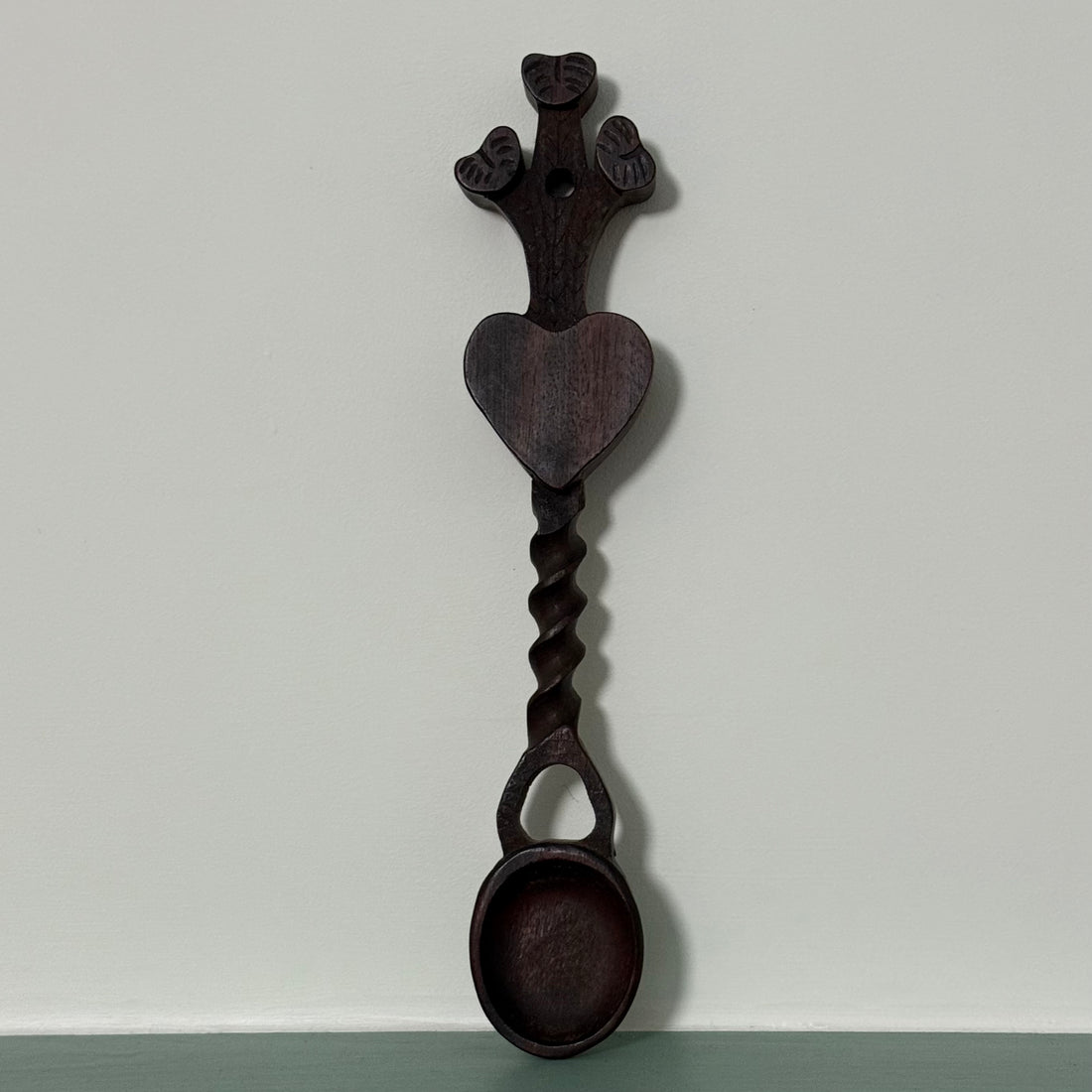 Welsh Love Spoon Carved Wooden Heart Twist Handle Folk Art Treen