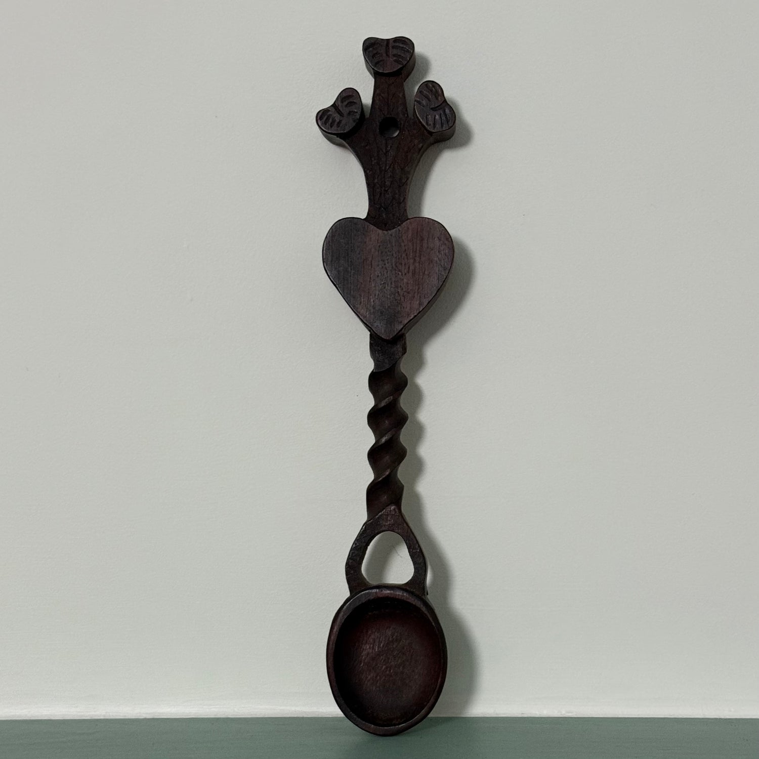 Welsh Love Spoon Carved Wooden Heart Twist Handle Folk Art Treen