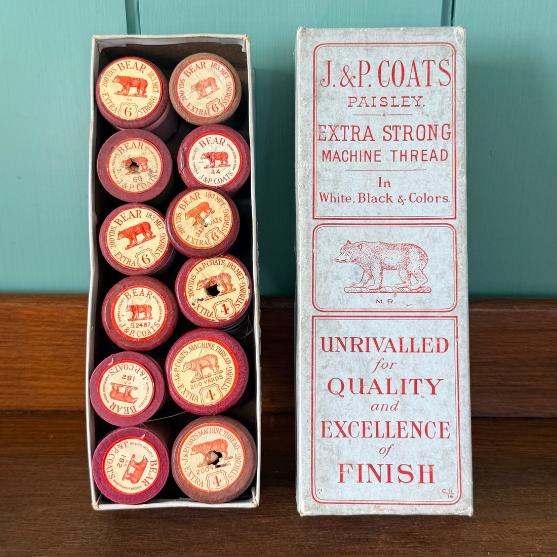 Vintage J&amp;P Coats Bear Extra Strong Machine Thread Boxed Reels