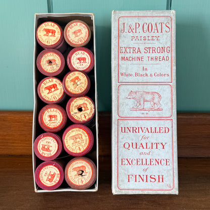 Vintage J&amp;P Coats Bear Extra Strong Machine Thread Boxed Reels