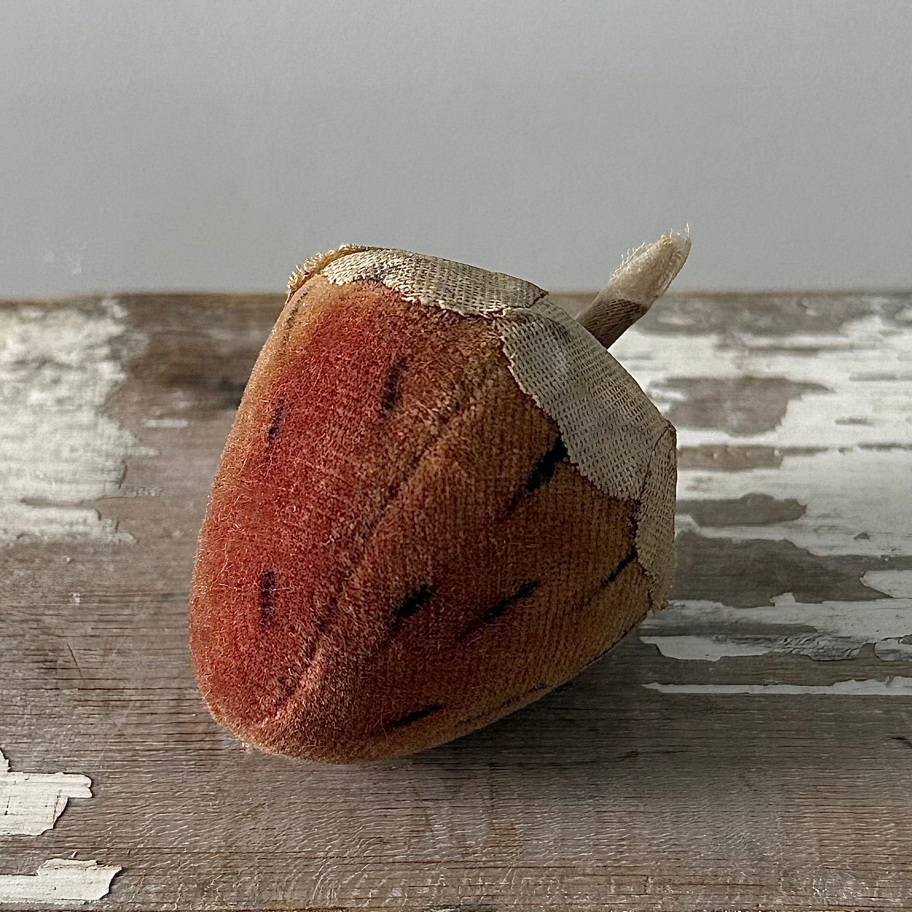1830s Antique Velvet Strawberry Pin Cushion with Fabric Leaves