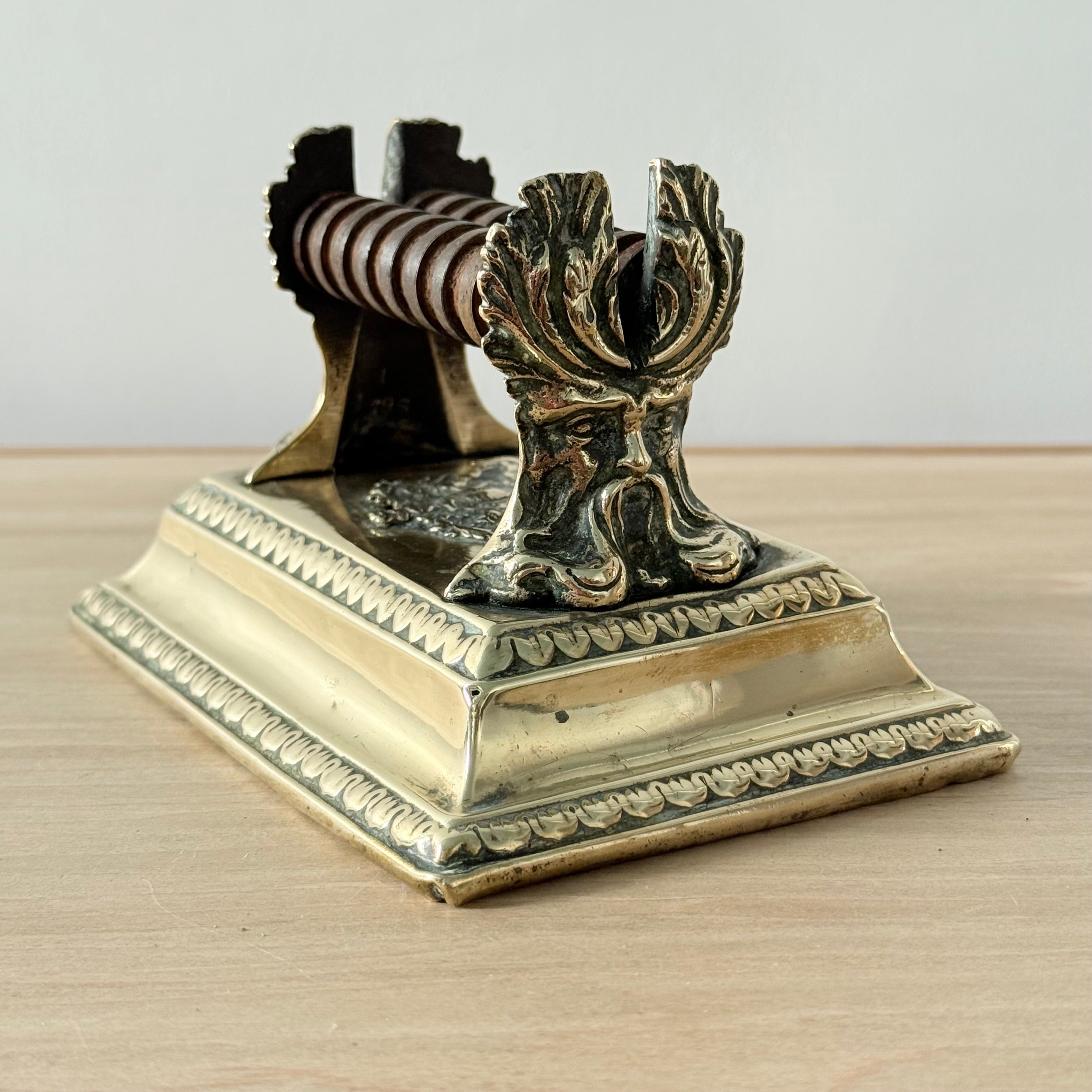 Victorian Brass Knife Sharpener with Twin Oak Rollers and Heraldic Crest