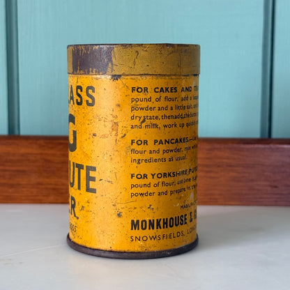 Vintage Monk &amp; Glass Egg Substitute Powder Tin 1930s-40s Kitchen Advertising