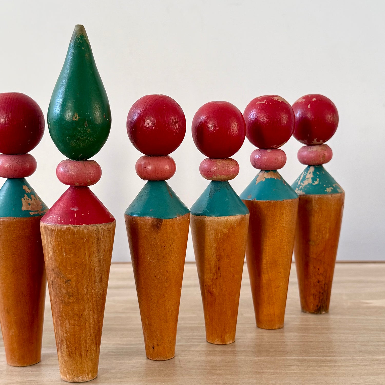 Vintage Wooden Skittles Set Folk Art Toy Display