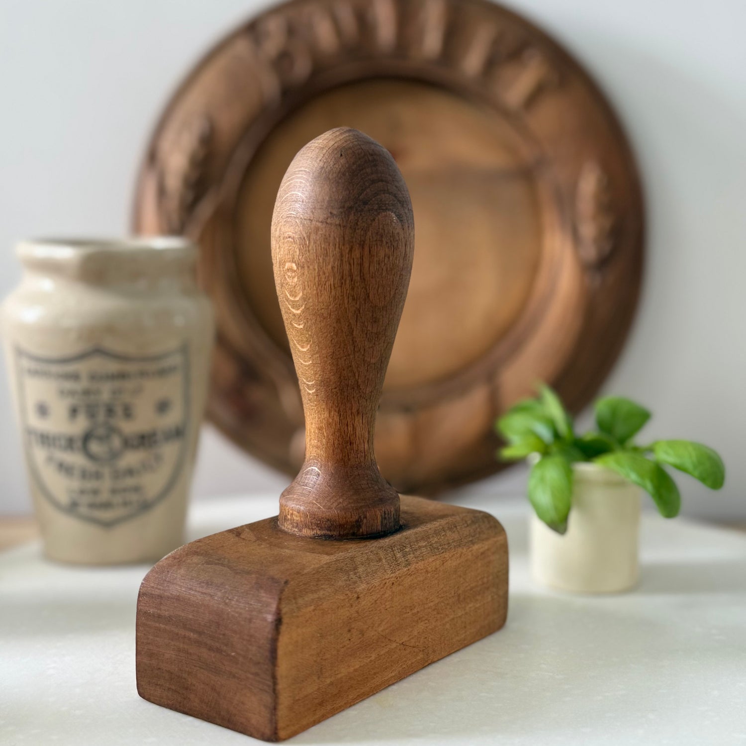 Antique Treen Rectangular Butter Stamp Floral