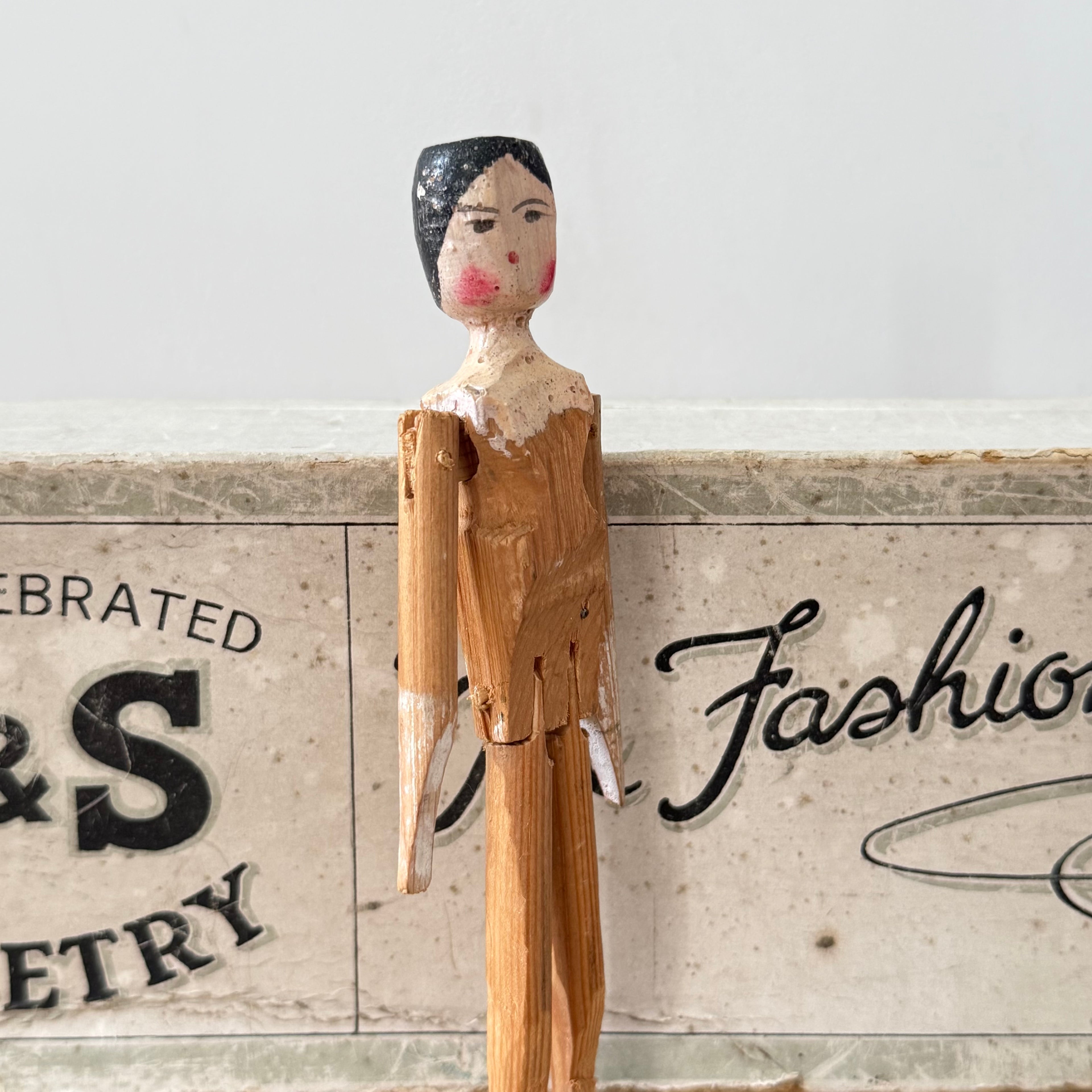 Vintage Wooden Jointed Folk Art Doll Hand Painted Miniature 13.5cm