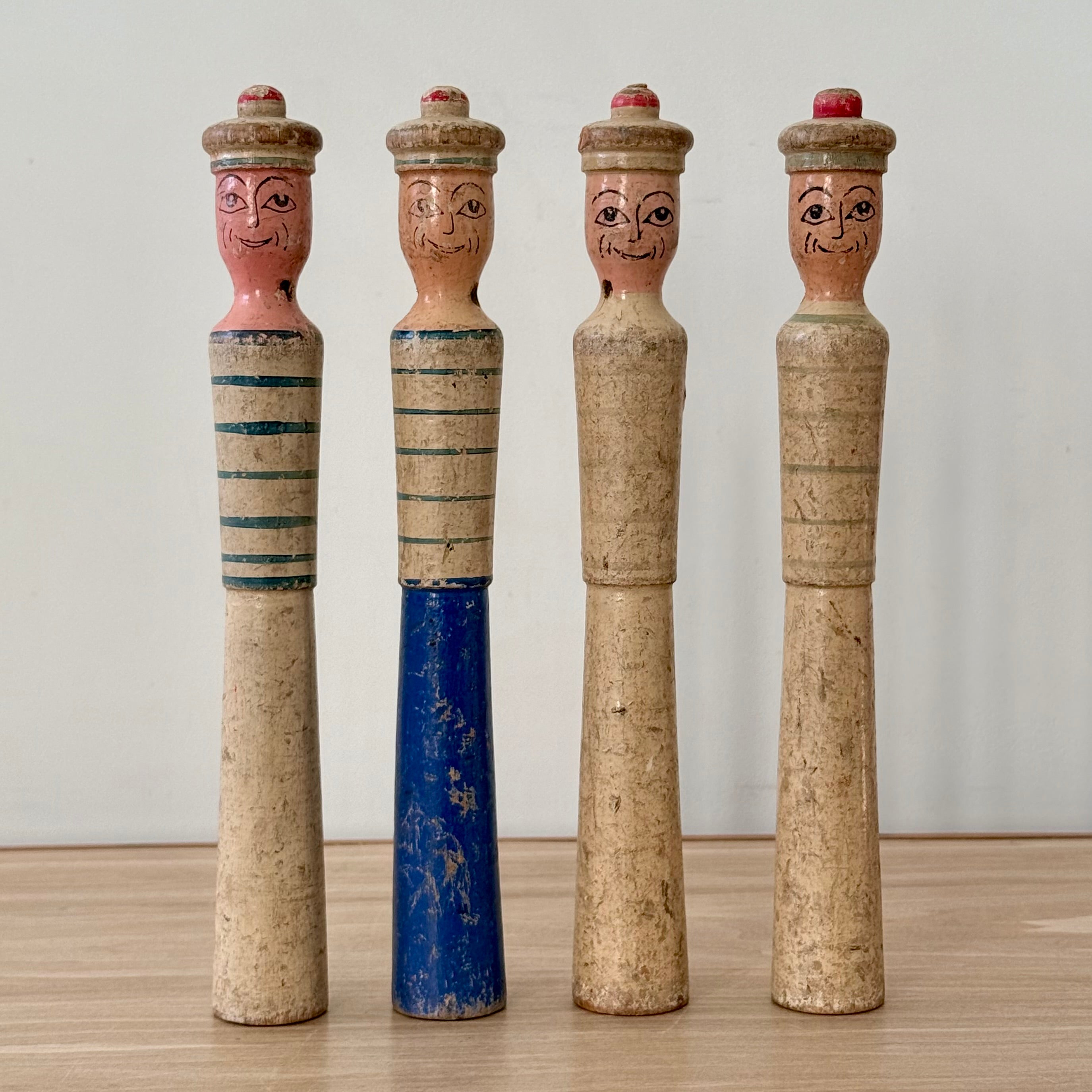 Vintage Wooden Sailor Skittles Pins Four Figures Hand Painted Folk Toy 24cm