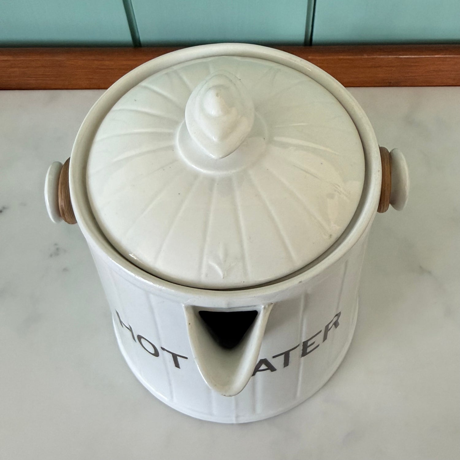 Antique Edwardian White Ironstone HOT WATER Jug Wicker Handle &amp; Lid