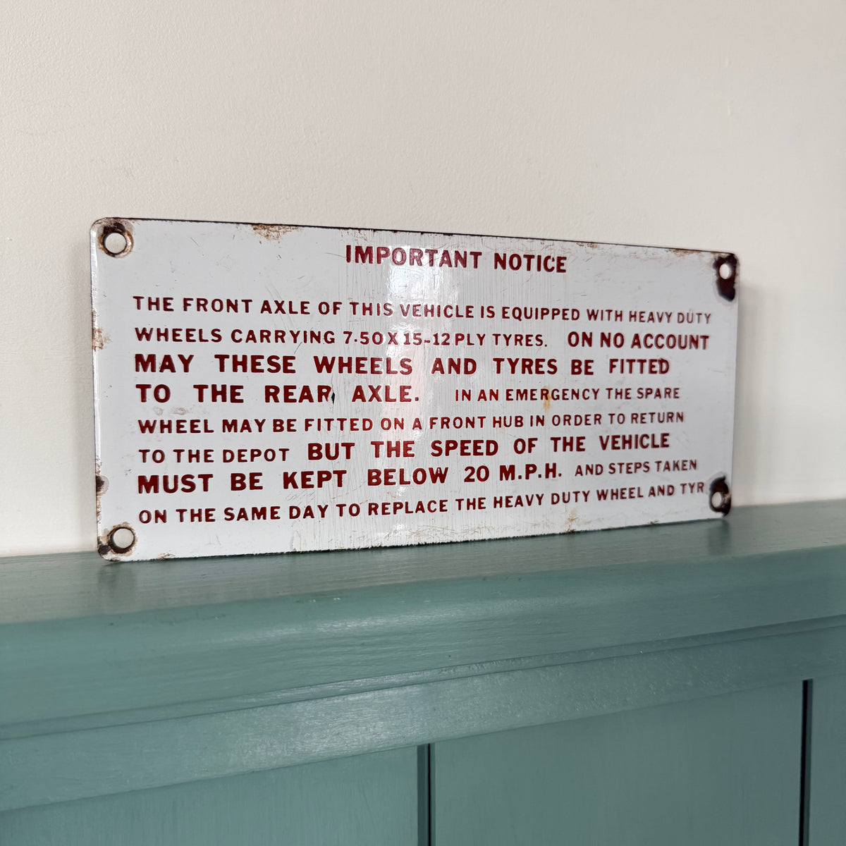 Vintage Enamel Commercial Vehicle Tyre Instruction Plate c.1950s