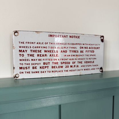 Vintage Enamel Commercial Vehicle Tyre Instruction Plate c.1950s