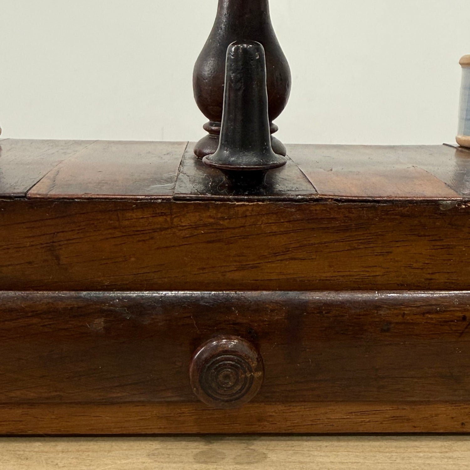 Antique Wooden Thread Spool Stand with Drawer and Silk Pin Cushion