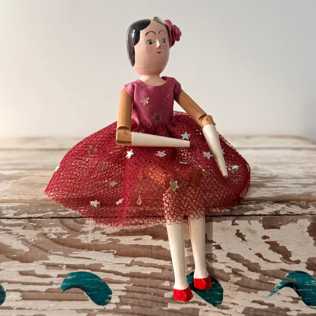 Vintage Eric Horne Wooden Doll in Burgundy Star Dress - 15.5cm