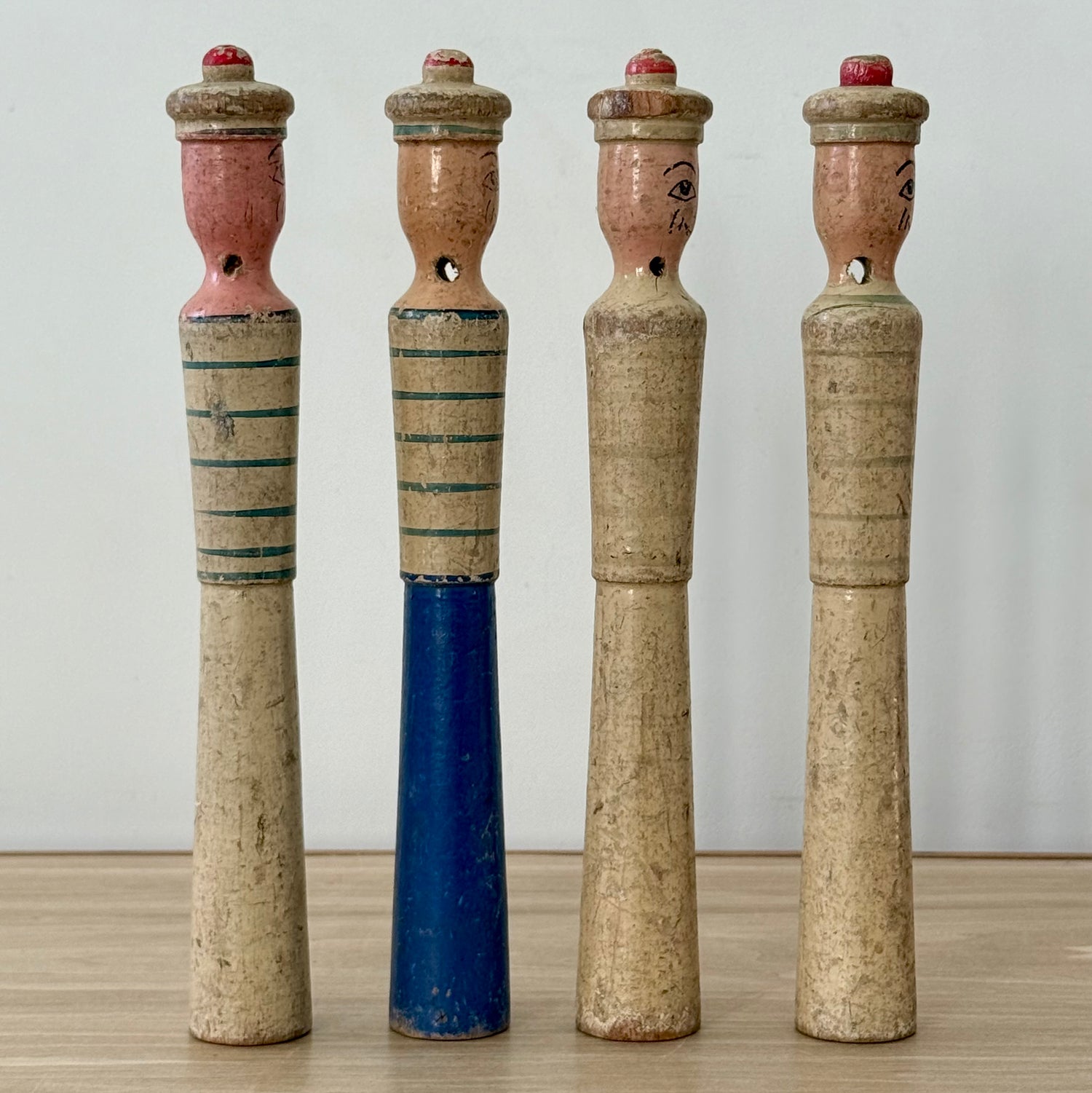Vintage Wooden Sailor Skittles Pins Four Figures Hand Painted Folk Toy 24cm