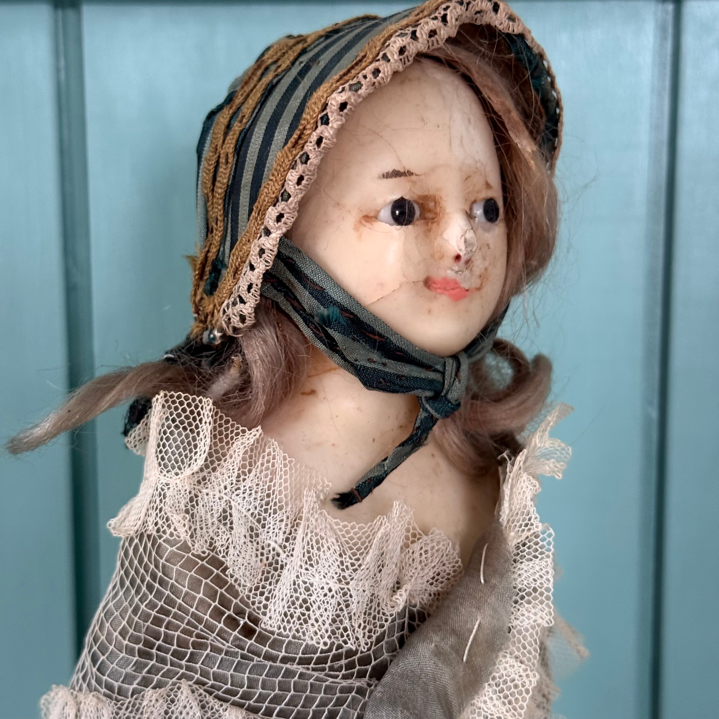 Antique Victorian Wax Over Shoulder Head Doll in Original Style Costume c.1870